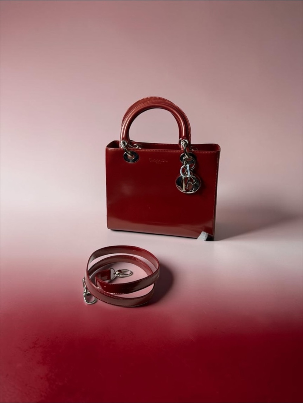 Christian Dior Red Polished Leather w Strap. Lady Dior. Dustbag - Picture 2 of 14
